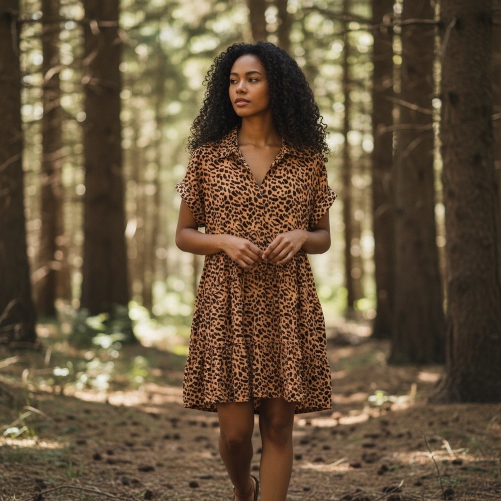 Umgee Leopard Print Midi Dress Collared Cuffed Short Sleeve Size-L NWT